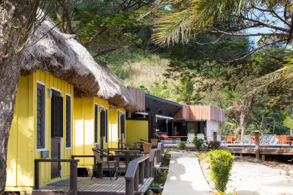 Thatched Beachfront Bures with own bathroom and open air shower. Ceiling Fan cooled,
private decks on the beach, bar fridge, tea, coffee making facilities’.
